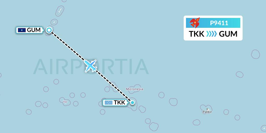 P9411 Asia Pacific Airlines Flight Map: Chuuk to Guam