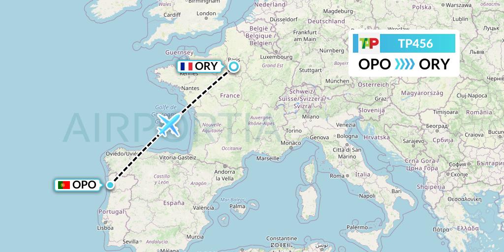 TP456 TAP Portugal Flight Map: Porto to Paris