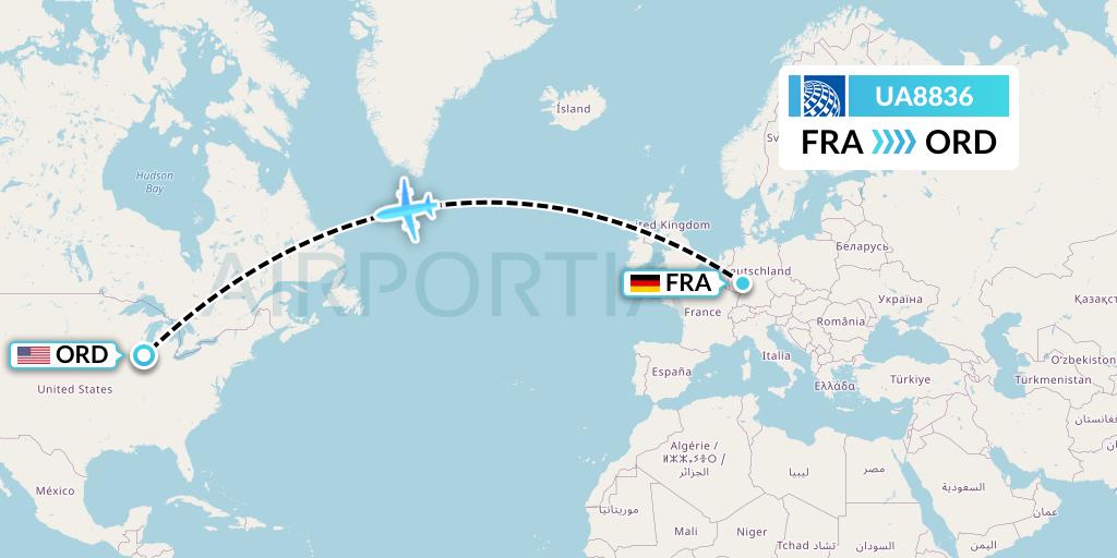 UA8836 United Airlines Flight Map: Frankfurt to Chicago