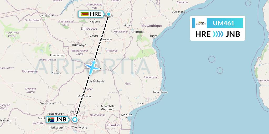 UM461 Air Zimbabwe Flight Map: Harare to Johannesburg