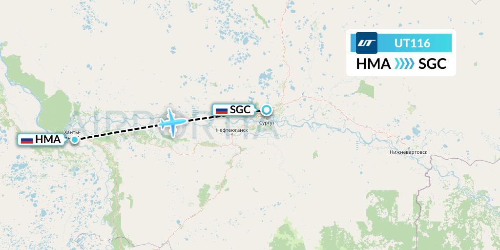 UT116 UTair Flight Map: Khanty-Mansiysk to Surgut