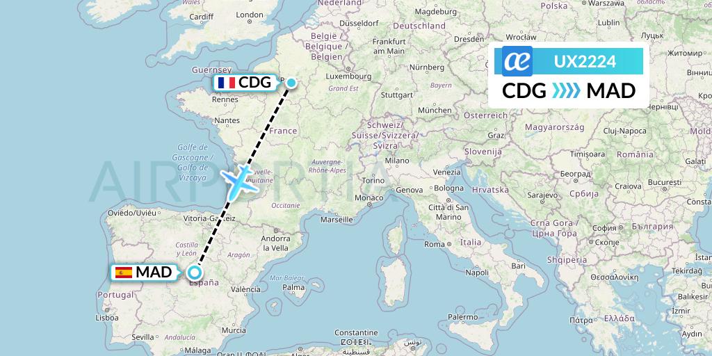 UX2224 Air Europa Flight Map: Paris to Madrid