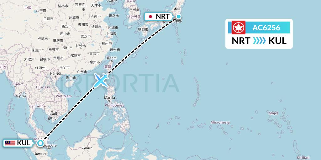 AC6256 Air Canada Flight Map: Tokyo to Kuala Lumpur