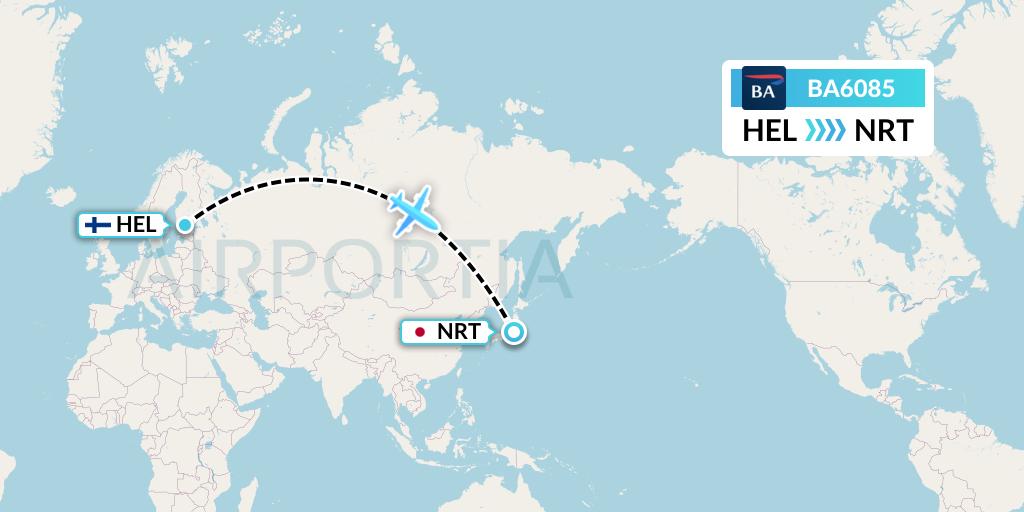BA6085 British Airways Flight Map: Helsinki to Tokyo
