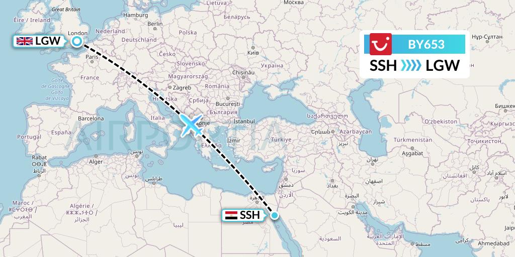 BY653 TUI Airways Flight Map: Sharm el-Sheikh to London