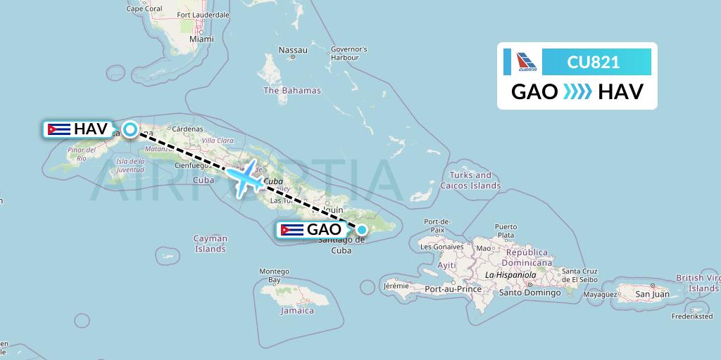 CU821 Cubana Flight Map: Guantanamo to Havana