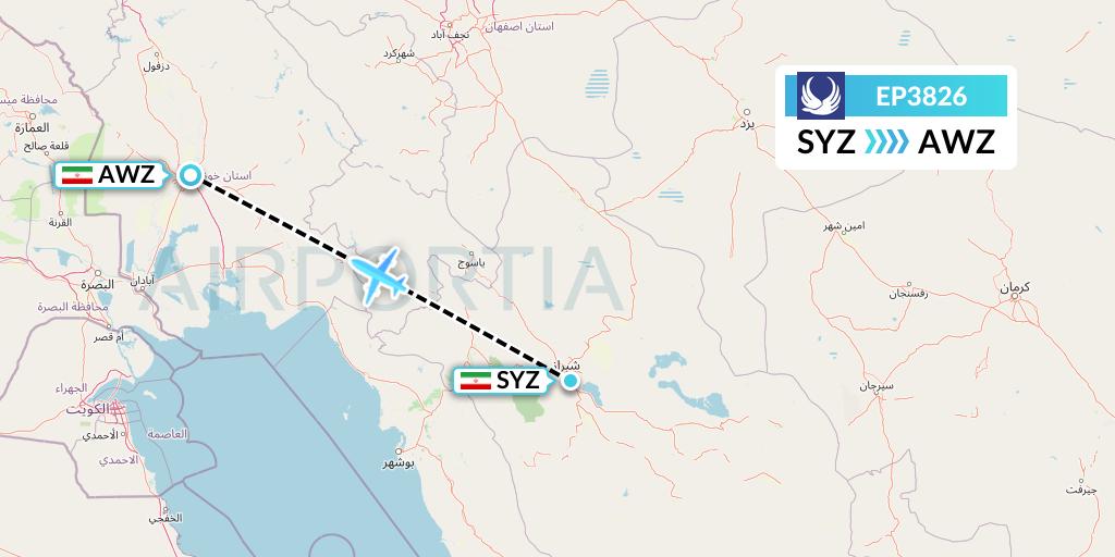 EP3826 Iran Aseman Airlines Flight Map: Shiraz to Ahvaz