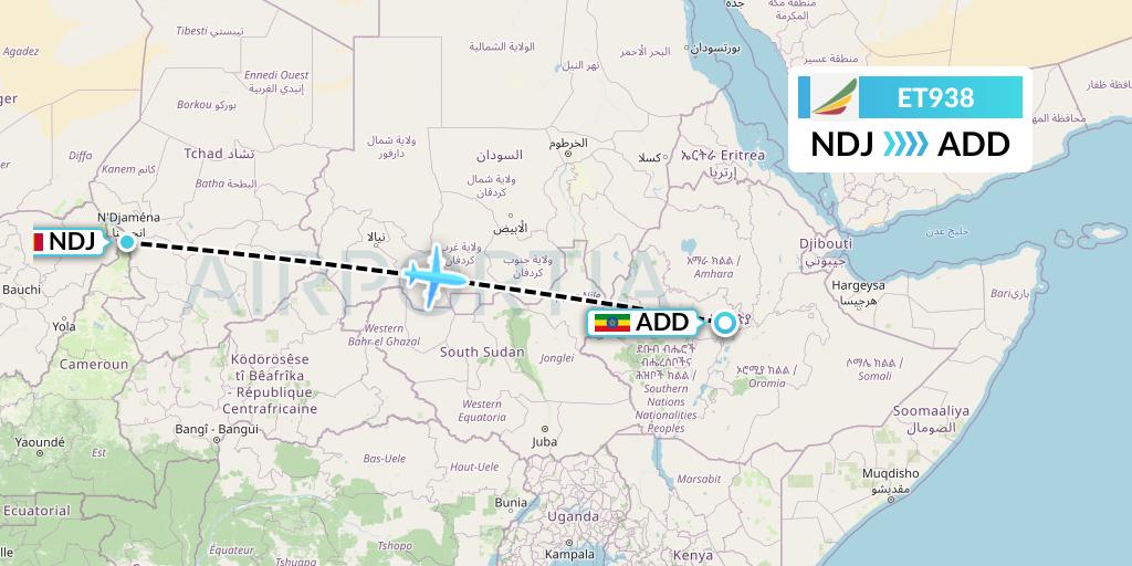 ET938 Ethiopian Airlines Flight Map: N'Djamena to Addis Ababa