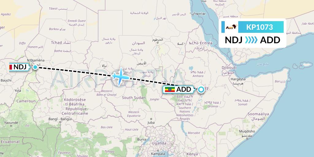 KP1073 ASKY Flight Map: N'Djamena to Addis Ababa
