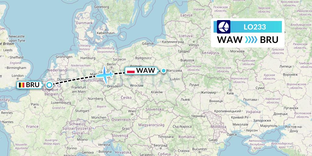 LO233 LOT Flight Map: Warsaw to Brussels