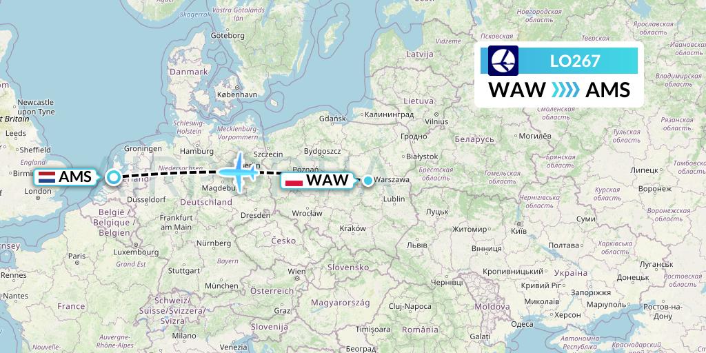 LO267 LOT Flight Map: Warsaw to Amsterdam