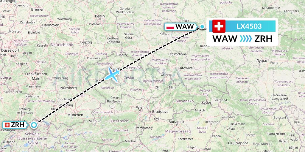 LX4503 Swiss Flight Map: Warsaw to Zurich