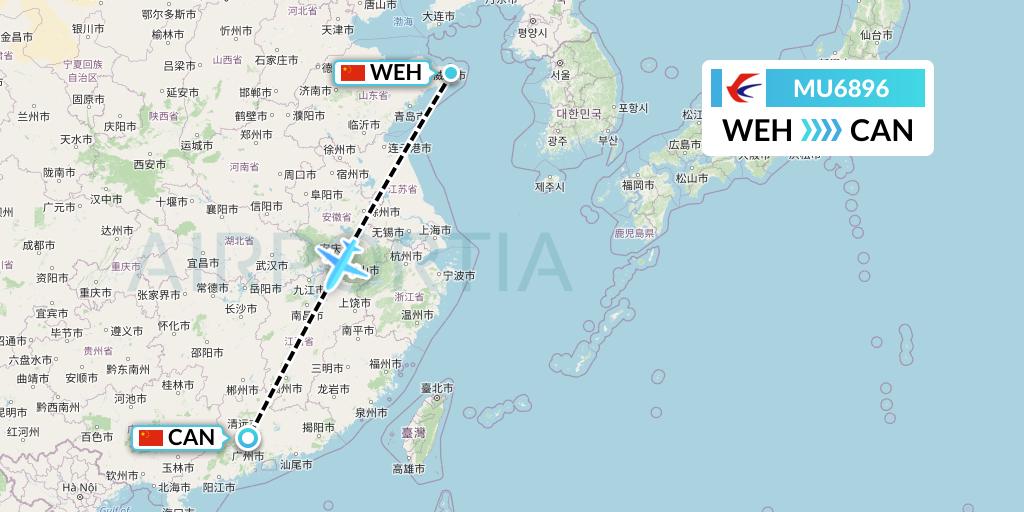 MU6896 China Eastern Airlines Flight Map: Weihai to Guangzhou
