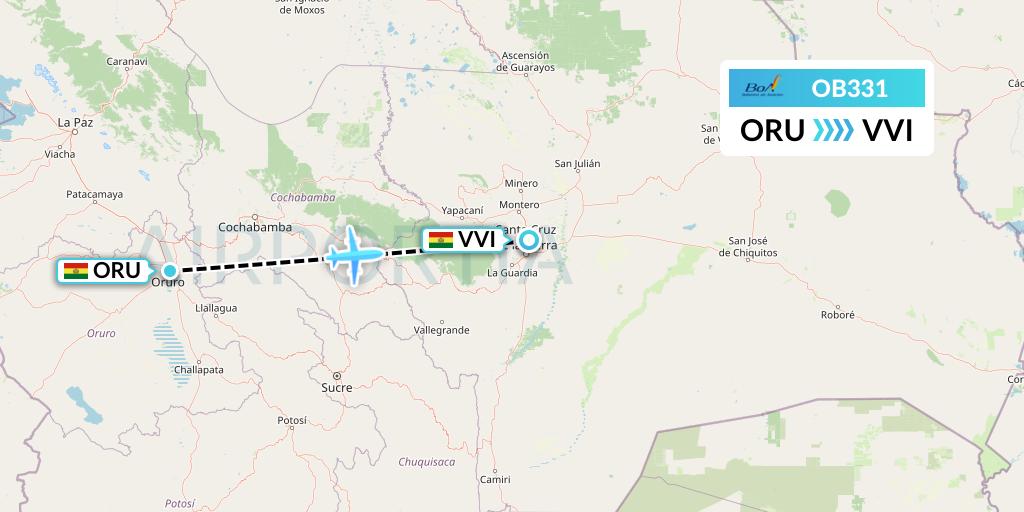 OB331 Boliviana de Aviacion Flight Map: Oruro to Santa Cruz