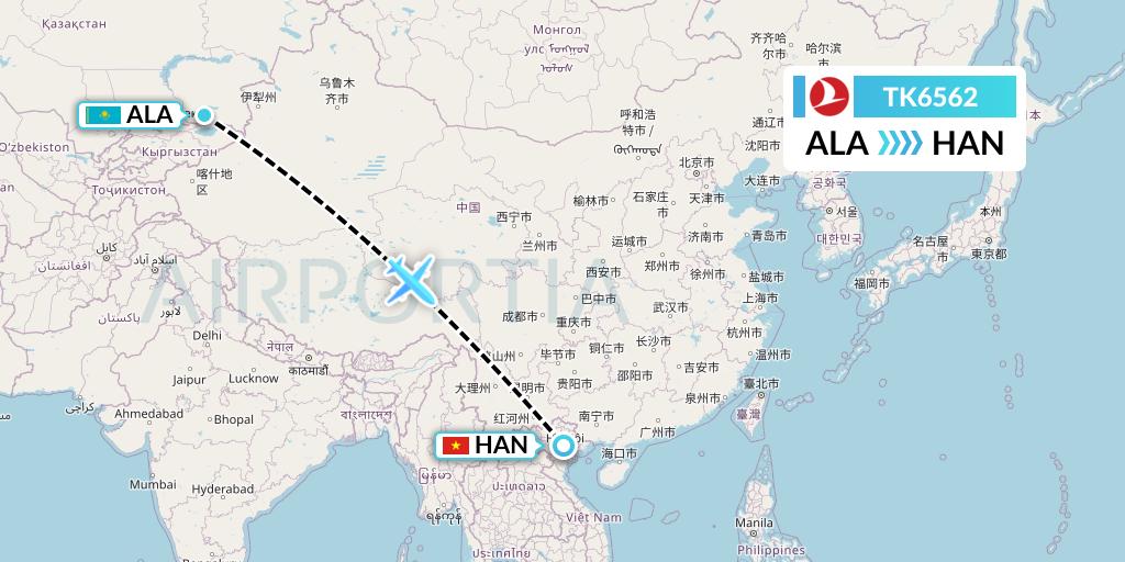 TK6562 Turkish Airlines Flight Map: Almaty to Hanoi