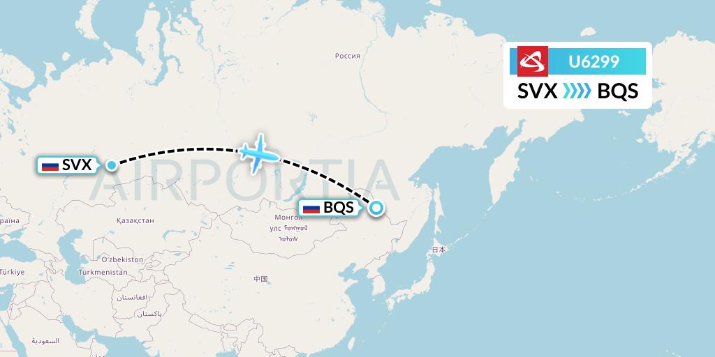 U6299 Ural Airlines Flight Map: Yekaterinburg to Blagoveshchensk