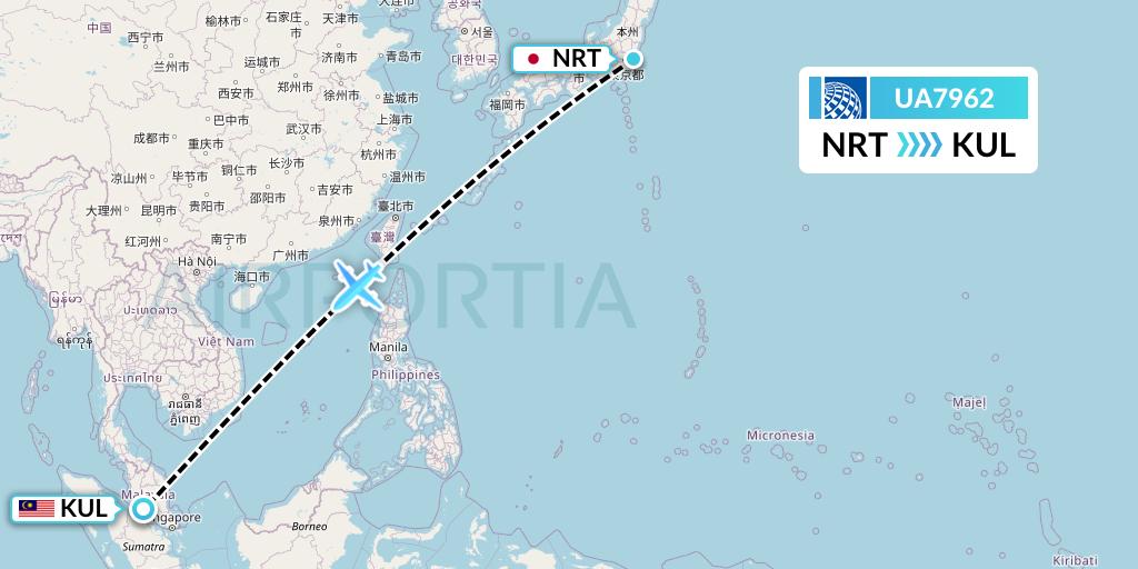 UA7962 United Airlines Flight Map: Tokyo to Kuala Lumpur