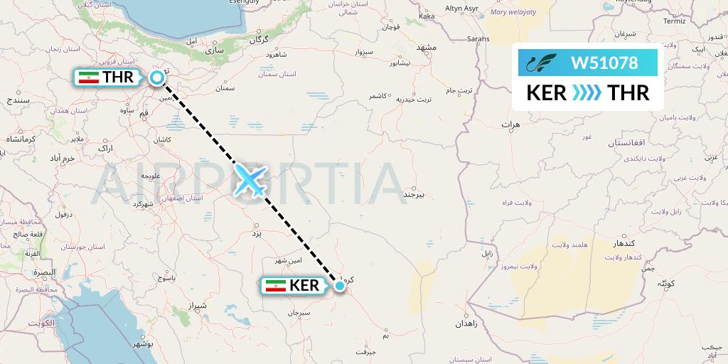 W51078 Mahan Air Flight Map: Kerman to Tehran