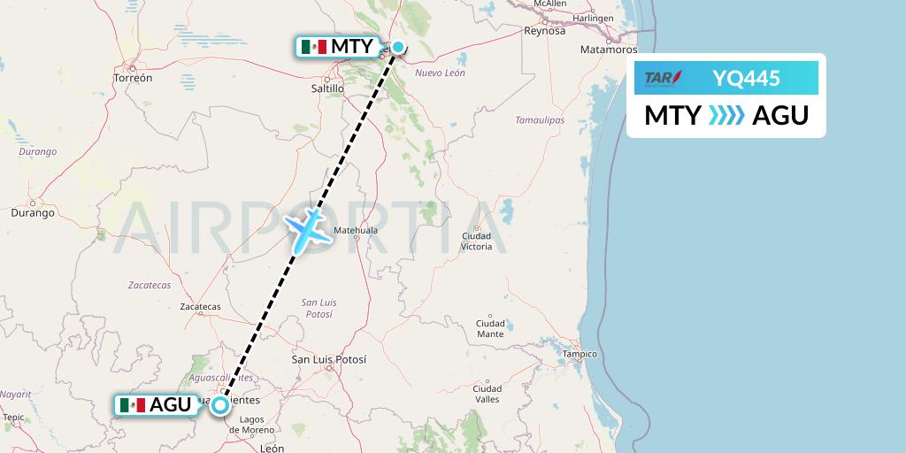 YQ445 TAR Aerolineas Flight Map: Monterrey to Aguascalientes