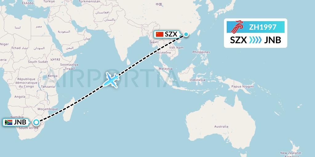 ZH1997 Shenzhen Airlines Flight Map: Shenzhen to Johannesburg