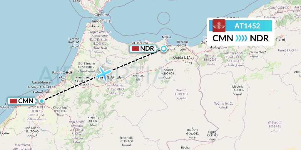 AT1452 Royal Air Maroc Flight Map: Casablanca to Nador