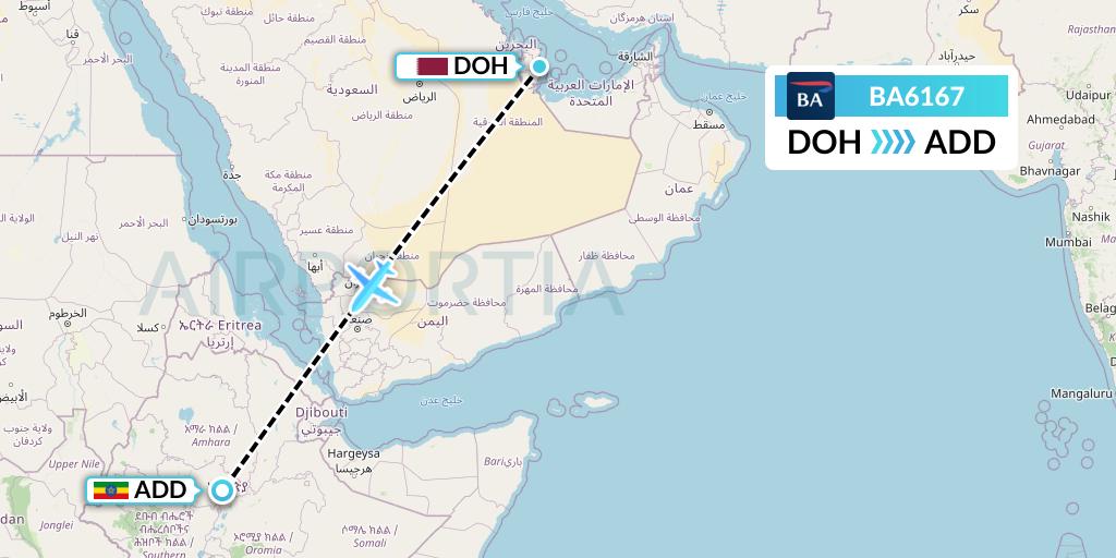 BA6167 British Airways Flight Map: Doha to Addis Ababa