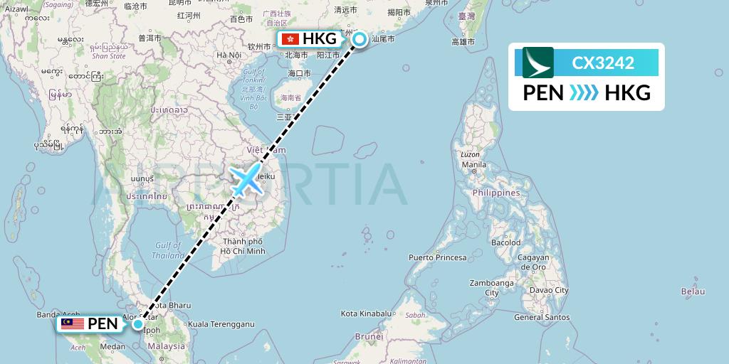 CX3242 Cathay Pacific Flight Map: Penang to Hong Kong