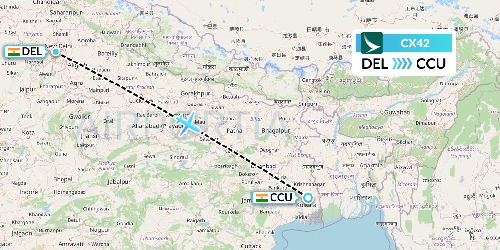 CX42 Cathay Pacific Flight Map: Delhi to Kolkata