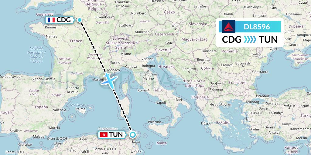 DL8596 Delta Air Lines Flight Map: Paris to Tunis