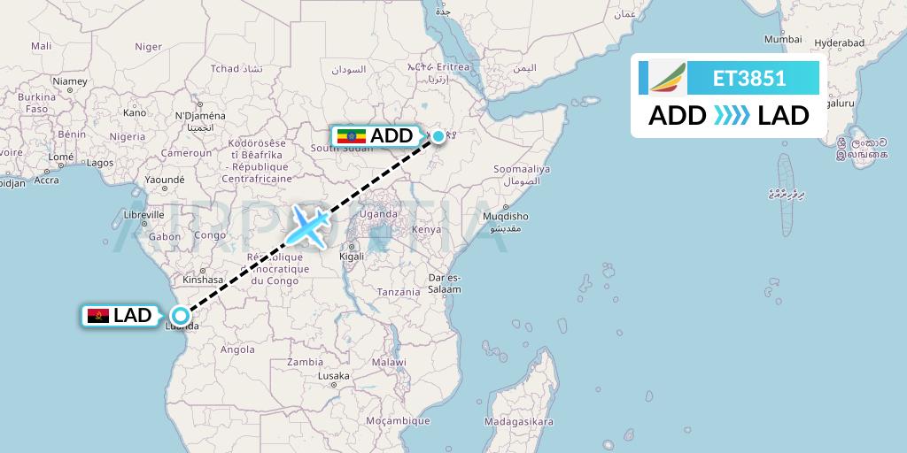 ET3851 Ethiopian Airlines Flight Map: Addis Ababa to Luanda