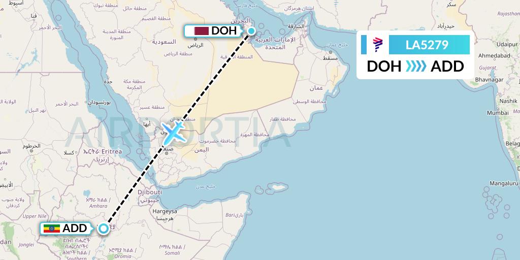 LA5279 LAN Airlines Flight Map: Doha to Addis Ababa