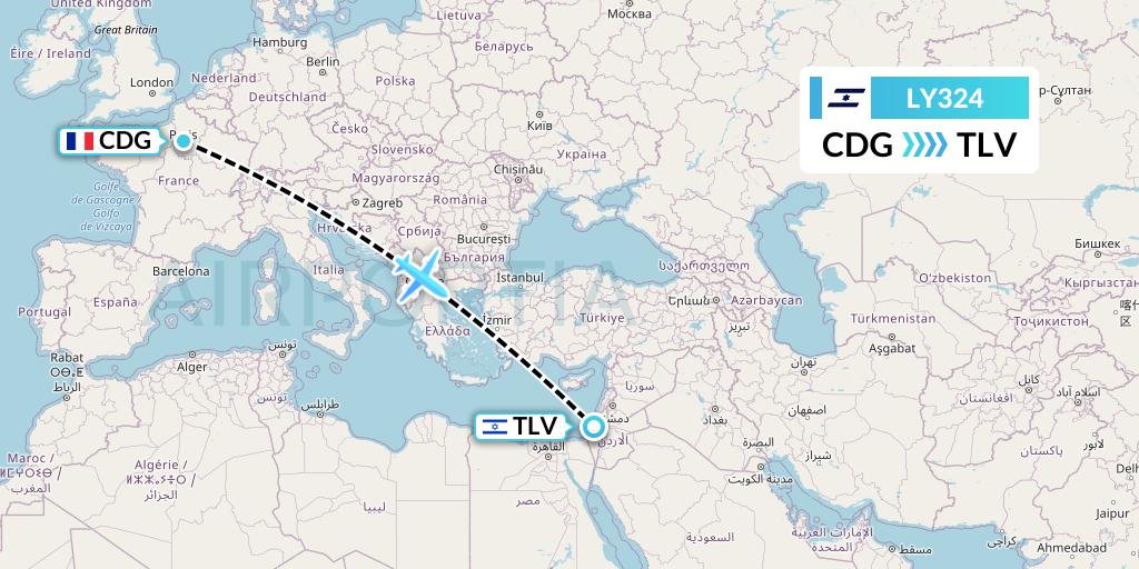 LY324 El Al Flight Map: Paris to Tel Aviv