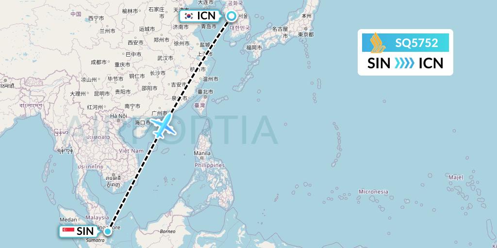 SQ5752 Singapore Airlines Flight Map: Singapore to Seoul