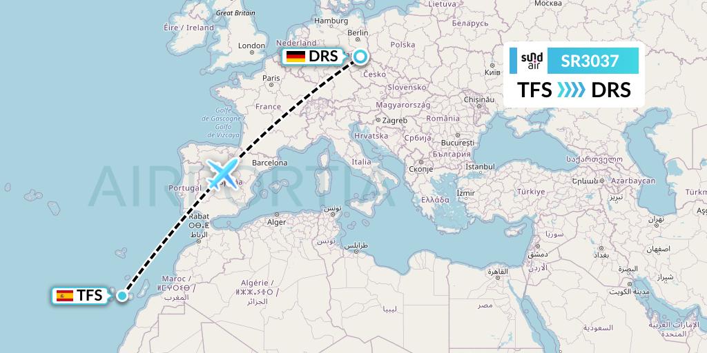 SR3037 SundAir Flight Map: Tenerife to Dresden