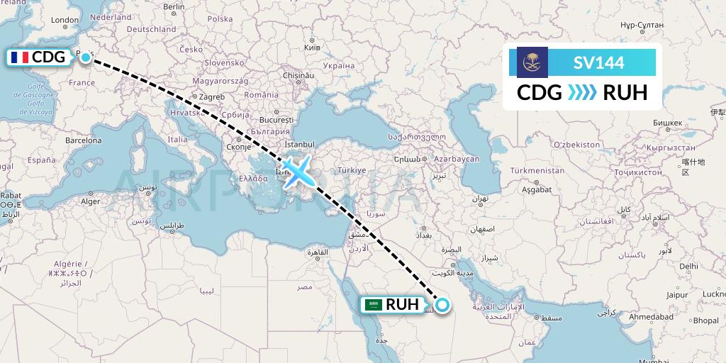 SV144 Saudi Arabian Airlines Flight Map: Paris to Riyadh