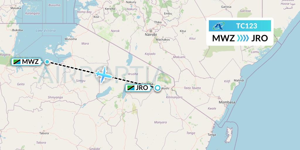 TC123 Air Tanzania Flight Map: Mwanza to Kilimanjaro