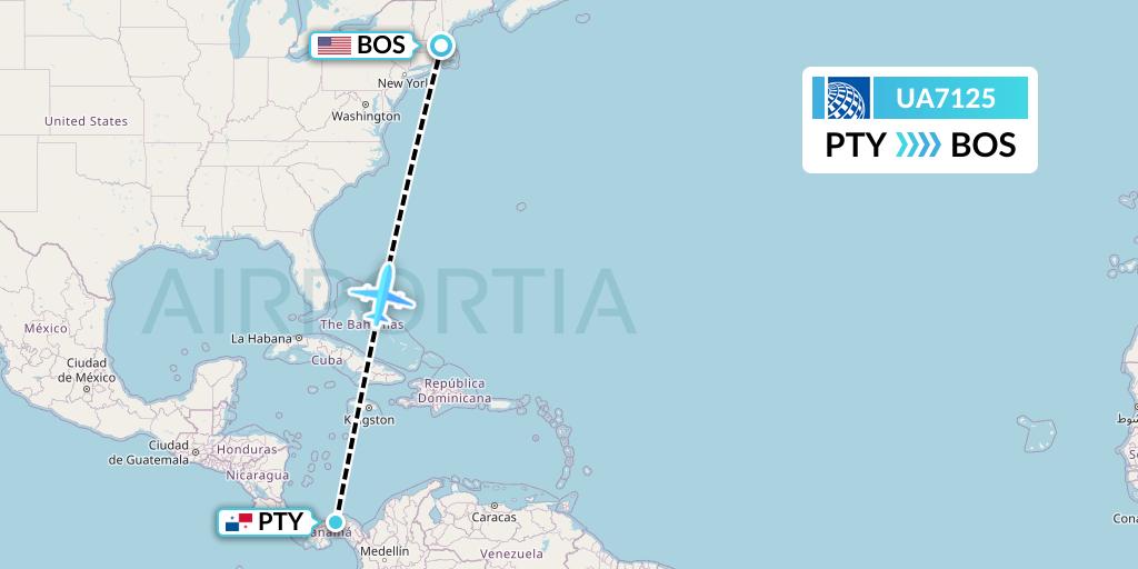 UA7125 United Airlines Flight Map: Panama City to Boston