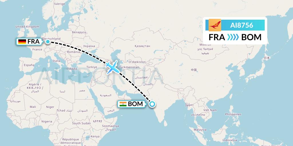 AI8756 Air India Flight Map: Frankfurt to Mumbai