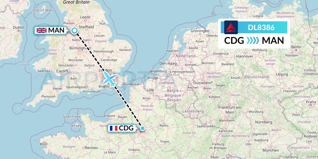 DL8386 Delta Air Lines Flight Map: Paris to Manchester