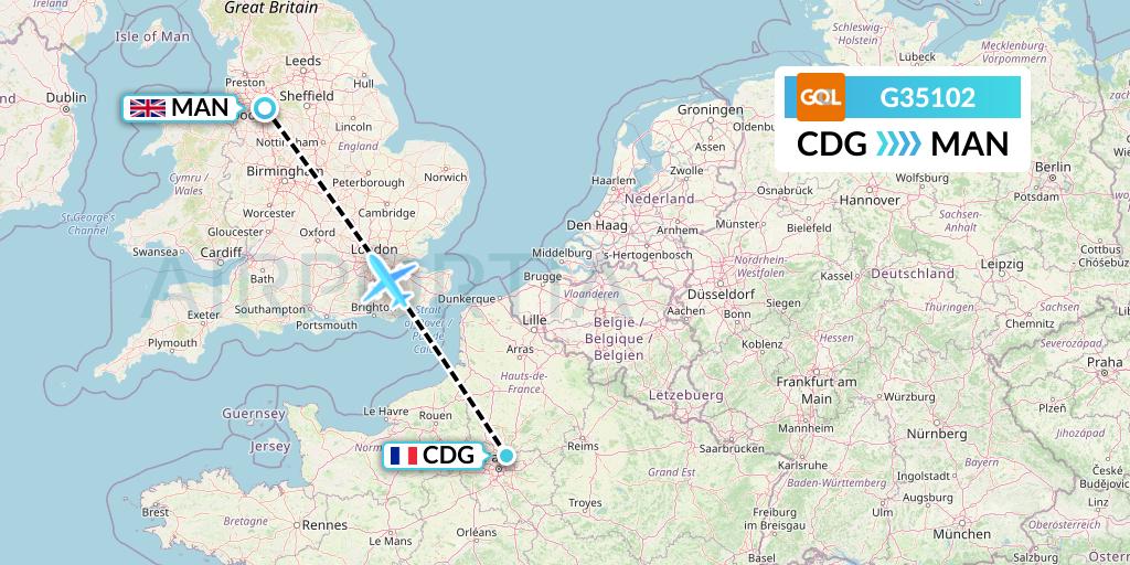G35102 GOL Transportes Aeros Flight Map: Paris to Manchester