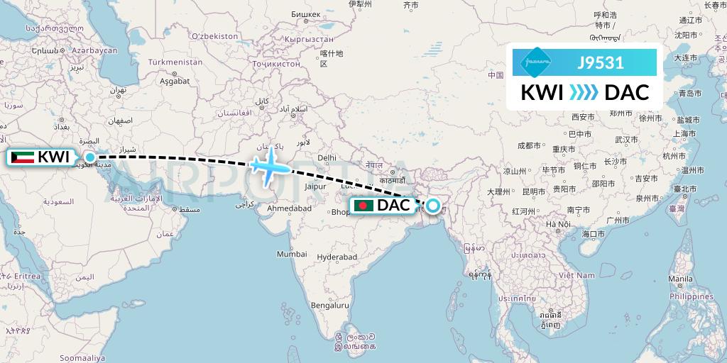 J9531 Jazeera Airways Flight Map: Kuwait City to Dhaka