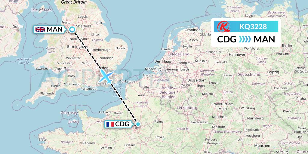 KQ3228 Kenya Airways Flight Map: Paris to Manchester