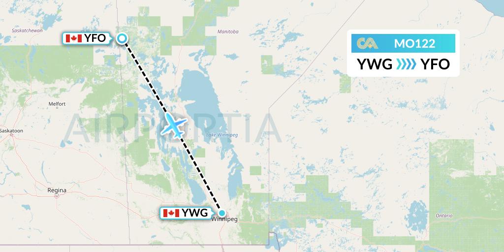 MO122 Calm Air Flight Map: Winnipeg to Flin Flon