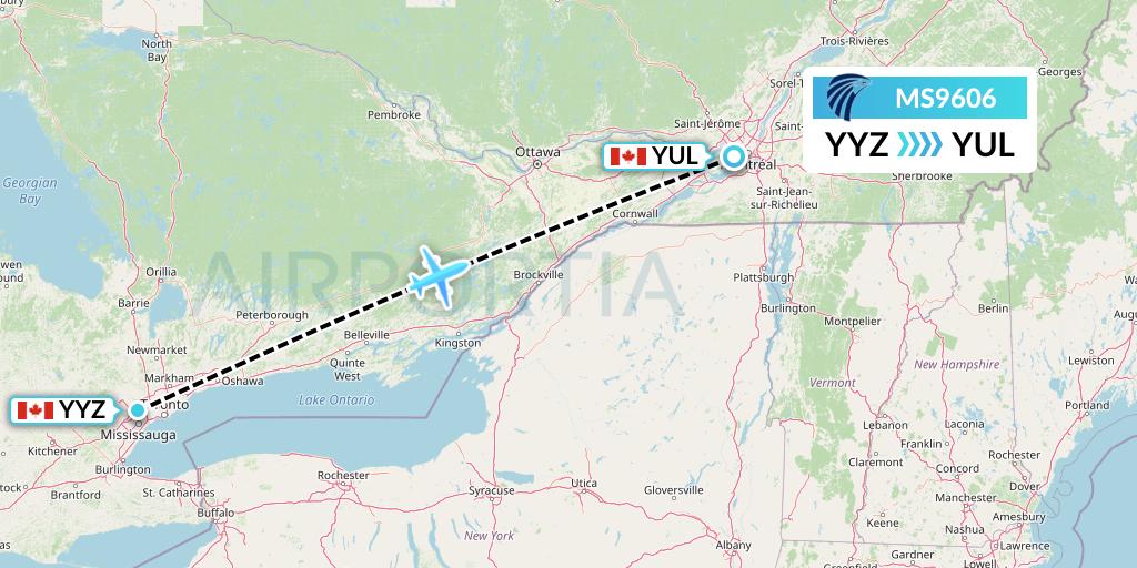 MS9606 EgyptAir Flight Map: Toronto to Montreal