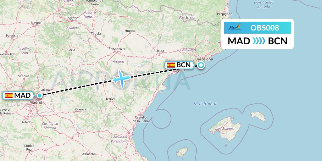 OB5008 Boliviana de Aviacion Flight Map: Madrid to Barcelona