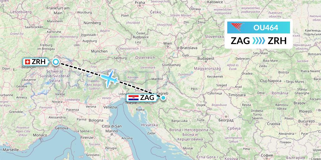 OU464 Croatia Airlines Flight Map: Zagreb to Zurich