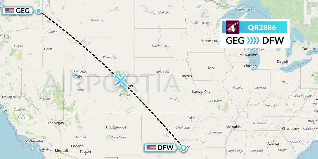 QR2886 Qatar Airways Flight Map: Spokane to Dallas