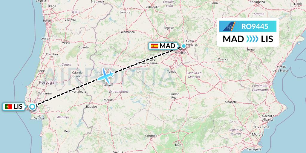 RO9445 Tarom Flight Map: Madrid to Lisbon