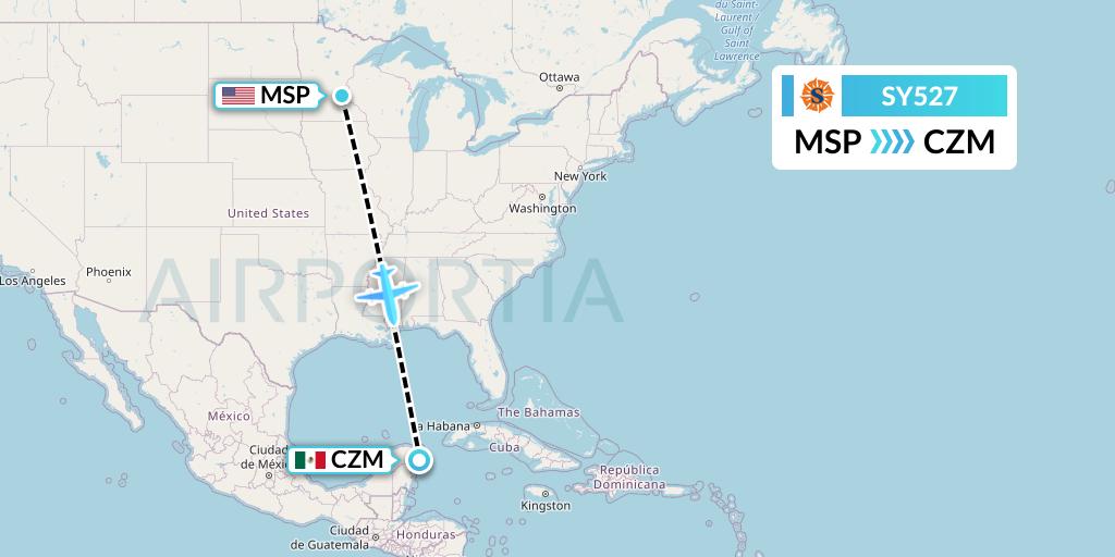 SY527 Sun Country Airlines Flight Map: Minneapolis to Cozumel
