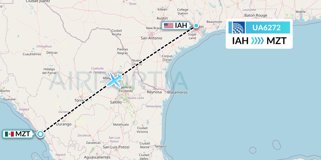 UA6272 United Airlines Flight Map: Houston to Mazatlan
